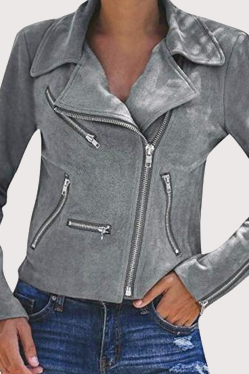 Fashion Street Solid Patchwork Zipper Turndown Collar Outerwear