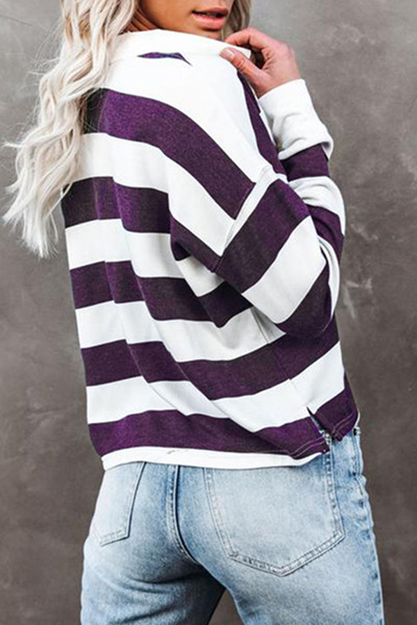 Casual Striped Patchwork Buckle Turndown Collar Tops