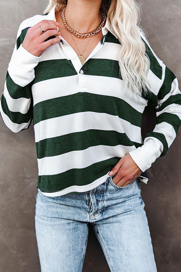 Casual Striped Patchwork Buckle Turndown Collar Tops