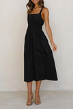 Casual Solid Split Joint Backless Square Collar Waist Skirt Dresses