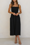 Casual Solid Split Joint Backless Square Collar Waist Skirt Dresses