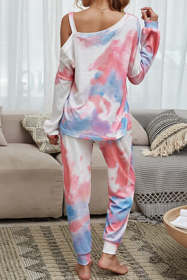 Casual Tie Dye Hollowed Out Patchwork Conventional Collar Long Sleeve Two Pieces