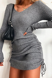Fashion Elegant Solid Draw String Frenulum V Neck Pencil Skirt Dresses(5 Colors)