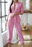 Casual Solid With Belt Turndown Collar Long Sleeve Two Piece(3 Colors)