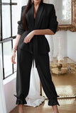 Casual Solid With Belt Turndown Collar Long Sleeve Two Piece(3 Colors)