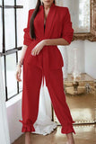 Casual Solid With Belt Turndown Collar Long Sleeve Two Piece(3 Colors)