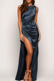 Moda elegante sólido retalhos fenda gola oblíqua vestidos de noite (4 cores)