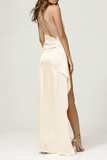 Fashion Elegant Solid Patchwork Slit Oblique Collar Evening Dress Dresses(4 Colors)
