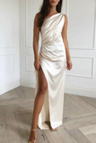 Moda elegante sólido retalhos fenda gola oblíqua vestidos de noite (4 cores)