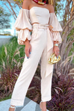 Elegant Solid With Belt Strapless Long Sleeve Two Pieces