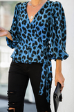 Moda elegante leopardo babado alça design tops com decote em V