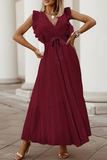 Elegant Solid Flounce Strap Design V Neck Pleated Dresses(6 Colors)