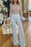 Fashion Sexy Solid Patchwork Feathers Beading O Neck Straight Jumpsuits