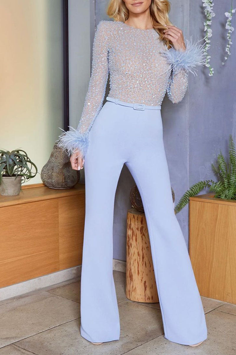Fashion Sexy Solid Patchwork Feathers Beading O Neck Straight Jumpsuits