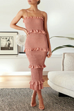 Fashion Solid Patchwork Flounce Spaghetti Strap Straight Dresses(5 Colors)