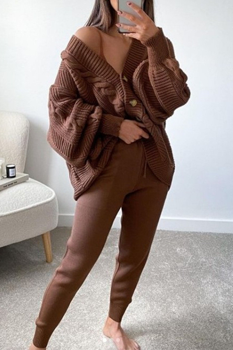Casual Solid Patchwork V Neck Long Sleeve Two Pieces