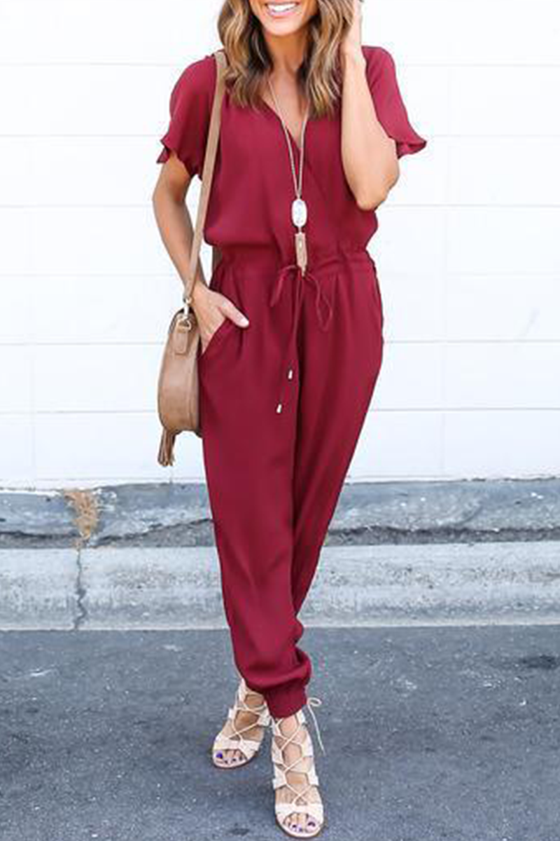 Casual Solid Patchwork V Neck Straight Jumpsuits(3 Colors)
