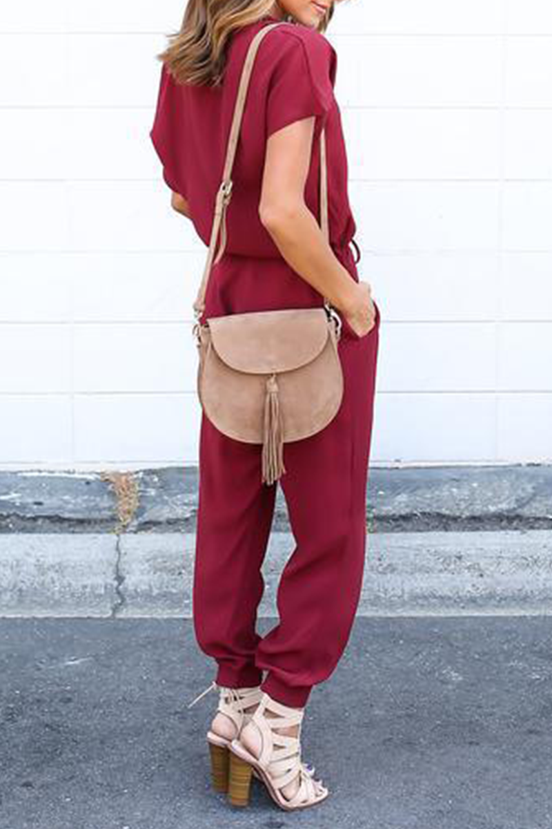 Casual Solid Patchwork V Neck Straight Jumpsuits(3 Colors)