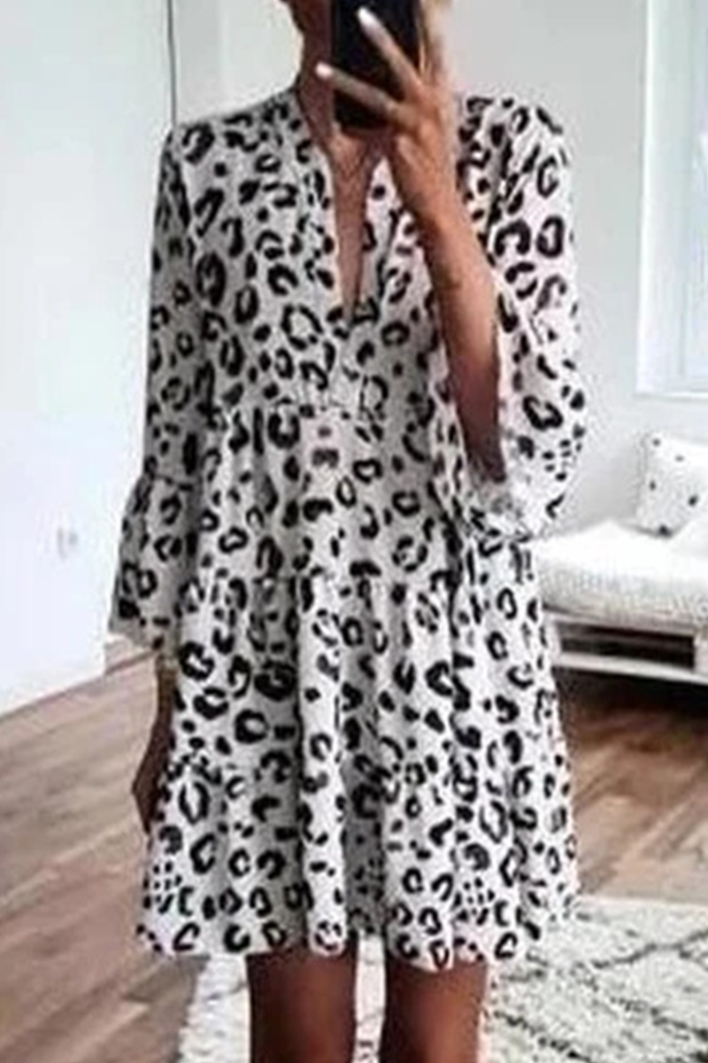 Casual Leopard Patchwork V Neck Cake Skirt Dresses