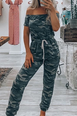 Casual Camouflage Print Patchwork Off the Shoulder Harlan Jumpsuits