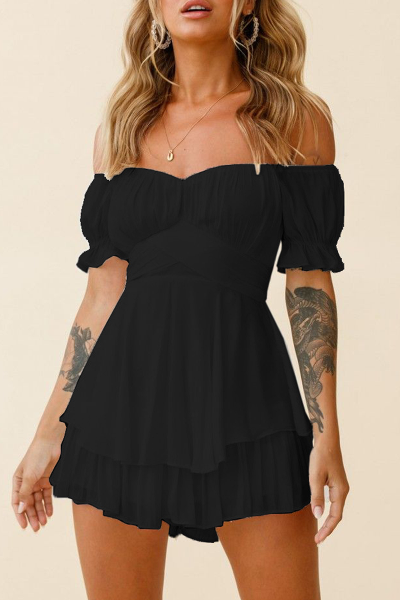 Casual Solid Flounce Off the Shoulder Straight Rompers