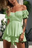 Casual Solid Flounce Off the Shoulder Straight Rompers(9 Colors)