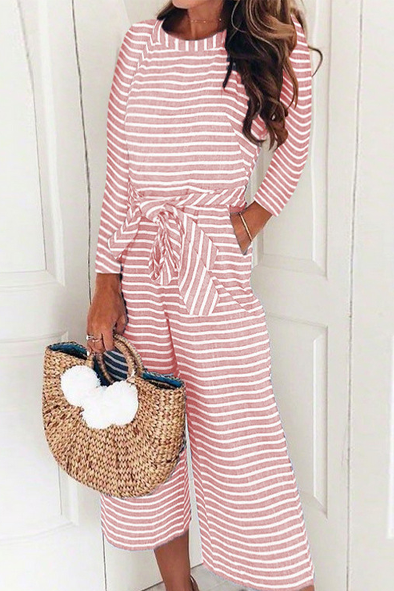 Casual Striped Patchwork O Neck Straight Jumpsuits