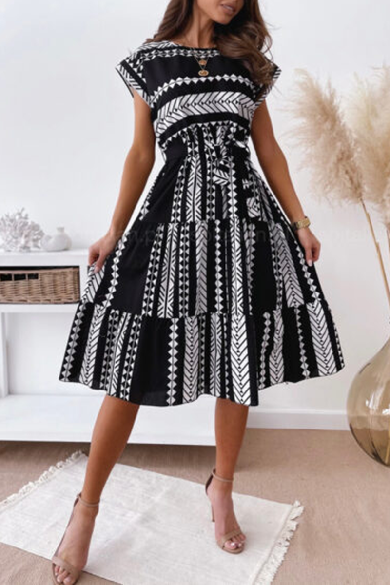 Casual Print Split Joint O Neck Waist Skirt Dresses