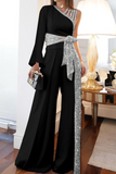 Fashion Patchwork Sequins One Shoulder Long Sleeve Two Pieces(3 Colors)