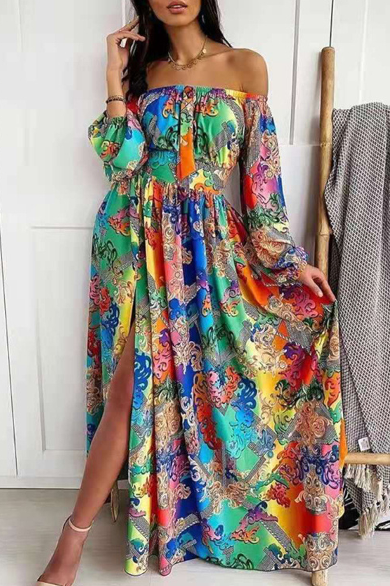 Fashion Print Off the Shoulder Waist Skirt Dresses(4 Colors)