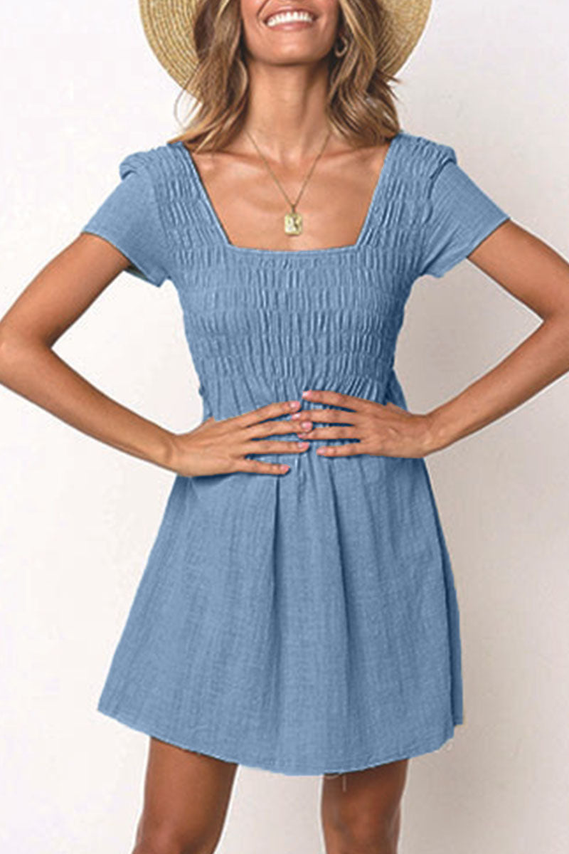 Fashion Casual Solid Patchwork Square Collar Pleated Dresses(3 Colors)