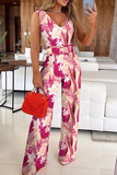 Casual Print V Neck Straight Jumpsuits