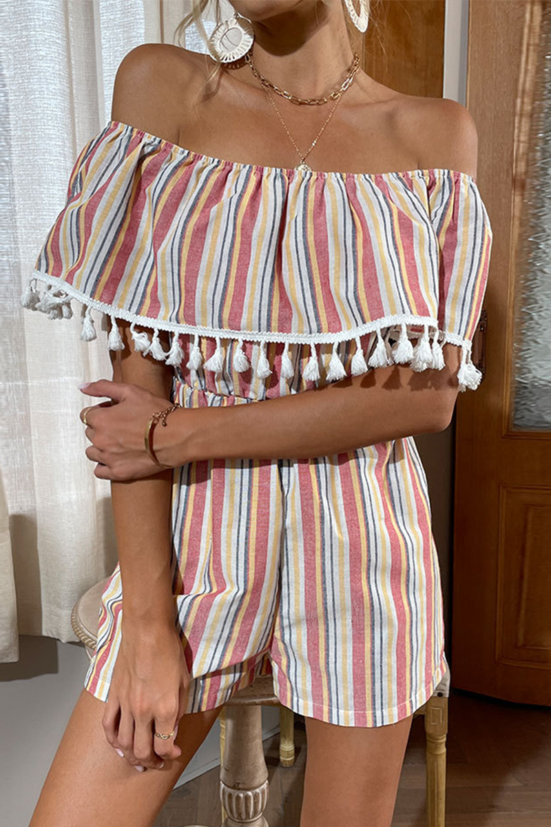 Casual Print Tassel Off the Shoulder Straight Rompers