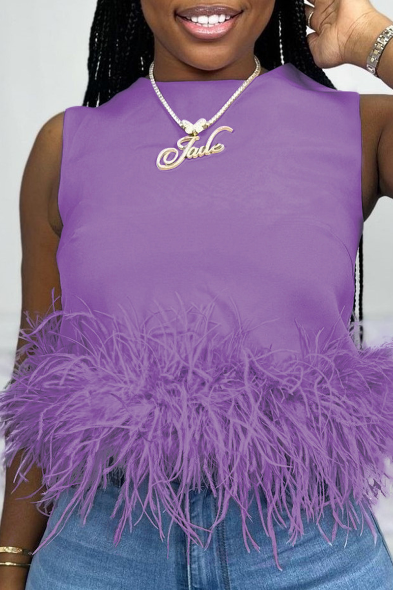 Casual Solid Feathers O Neck Tops(5 Colors)