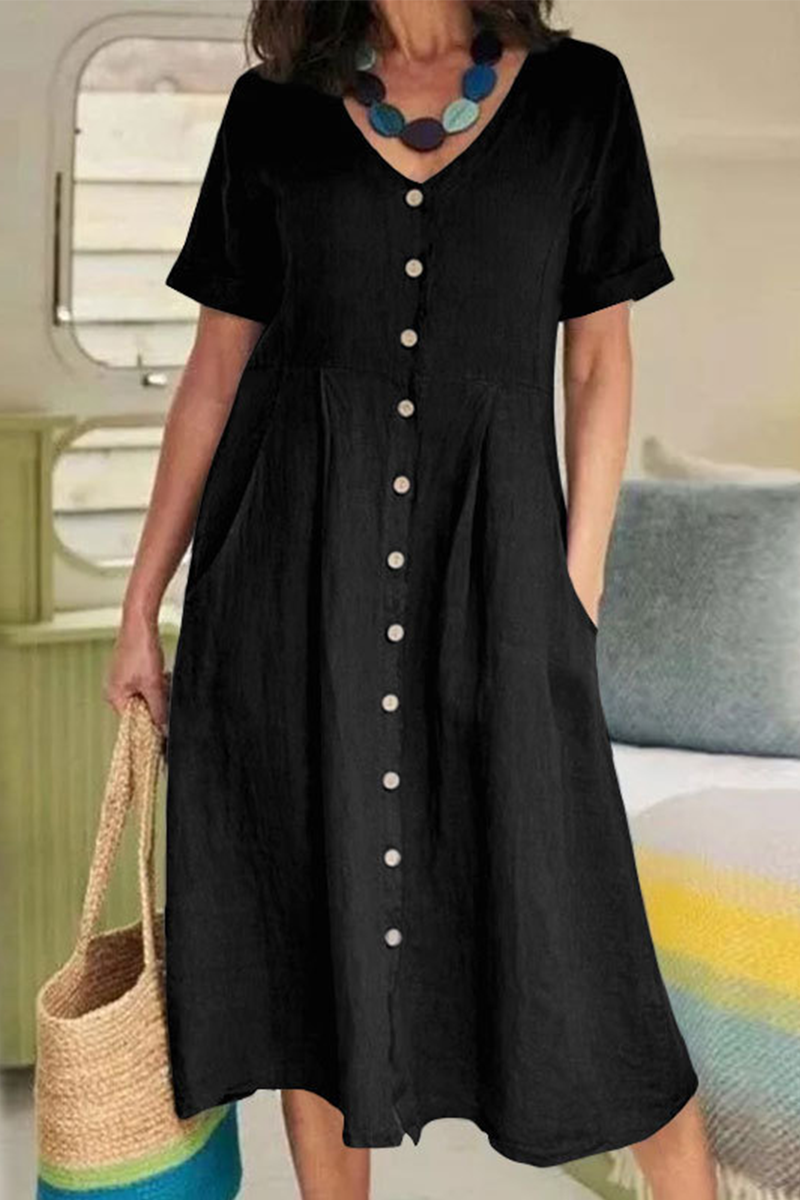Casual Solid Buckle V Neck Straight Dresses(5 Colors)