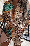 Fashion Print Patchwork Turndown Collar Long Sleeve Two Pieces(4 Colors)