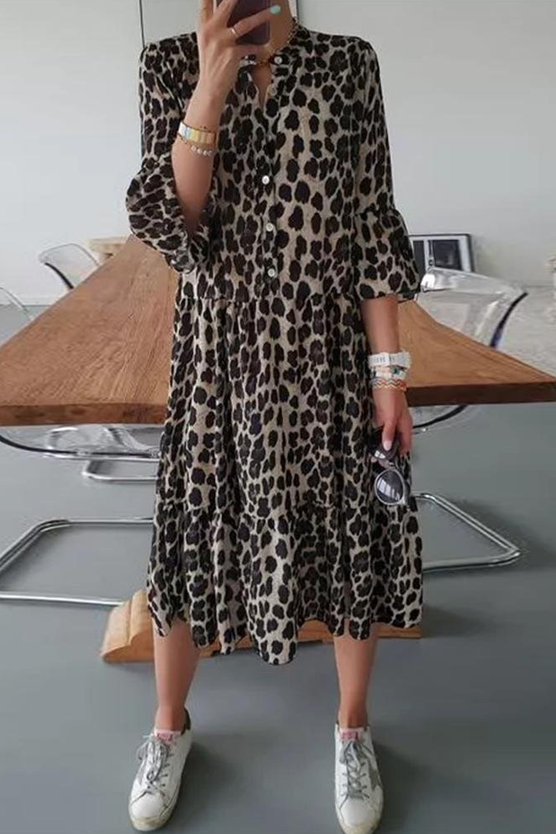 Casual Leopard Patchwork V Neck Cake Skirt Dresses