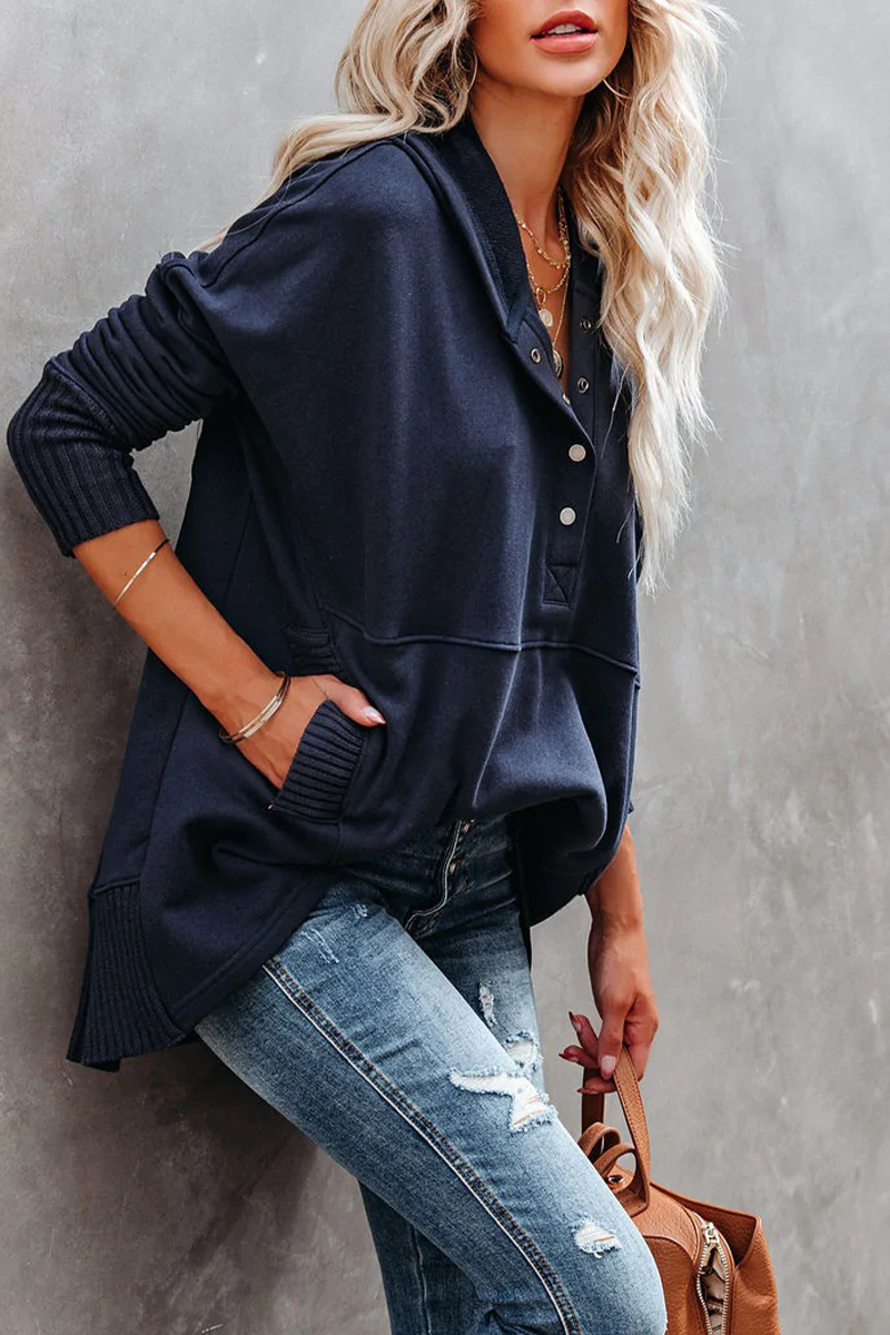 Casual Solid Buckle Hooded Collar Tops
