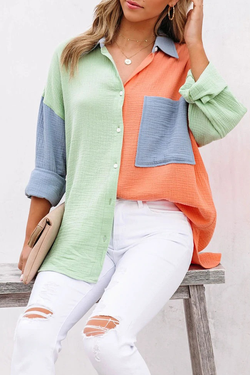 Casual Solid Patchwork Turndown Collar Blouses (4 Colors)