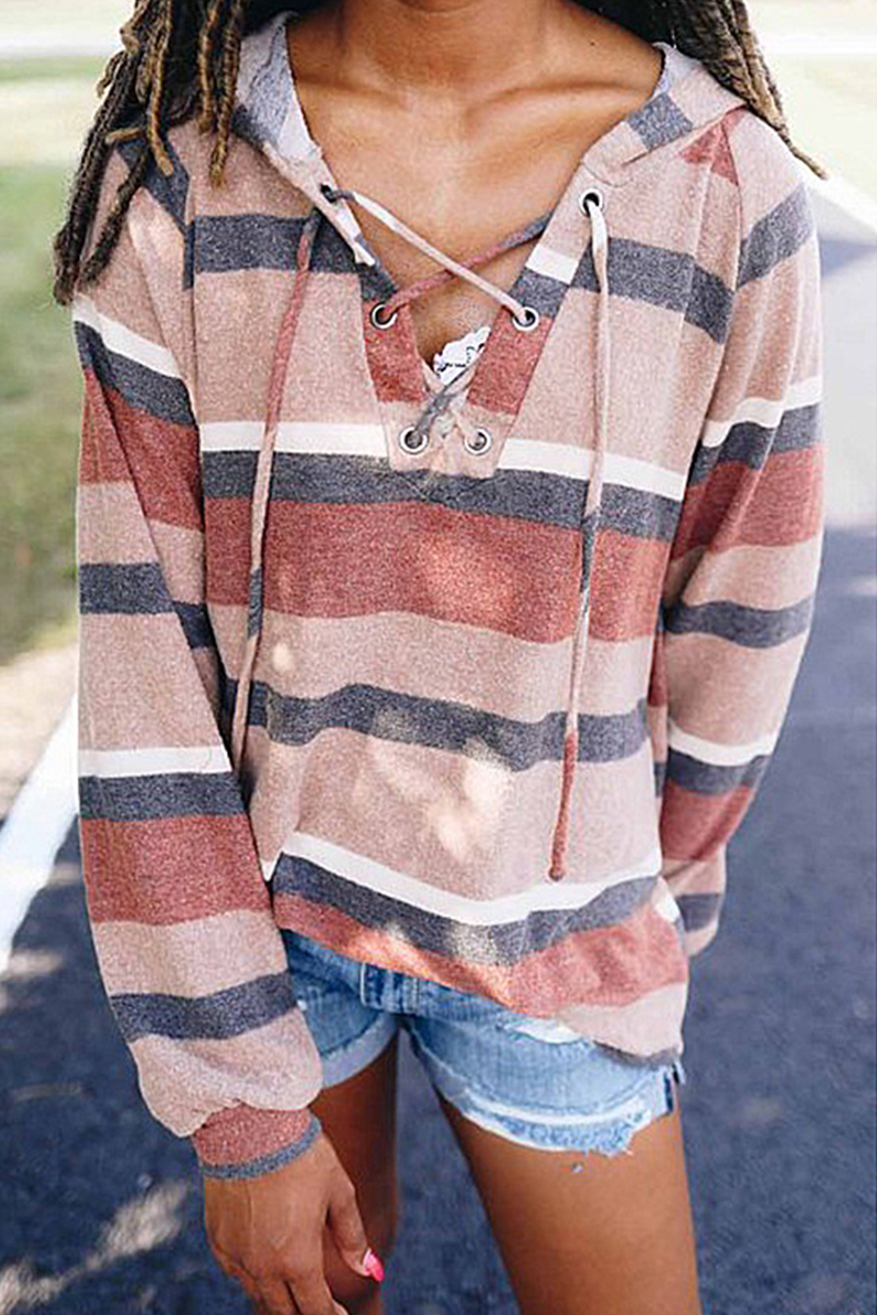 Casual Striped Draw String Hooded Collar Tops