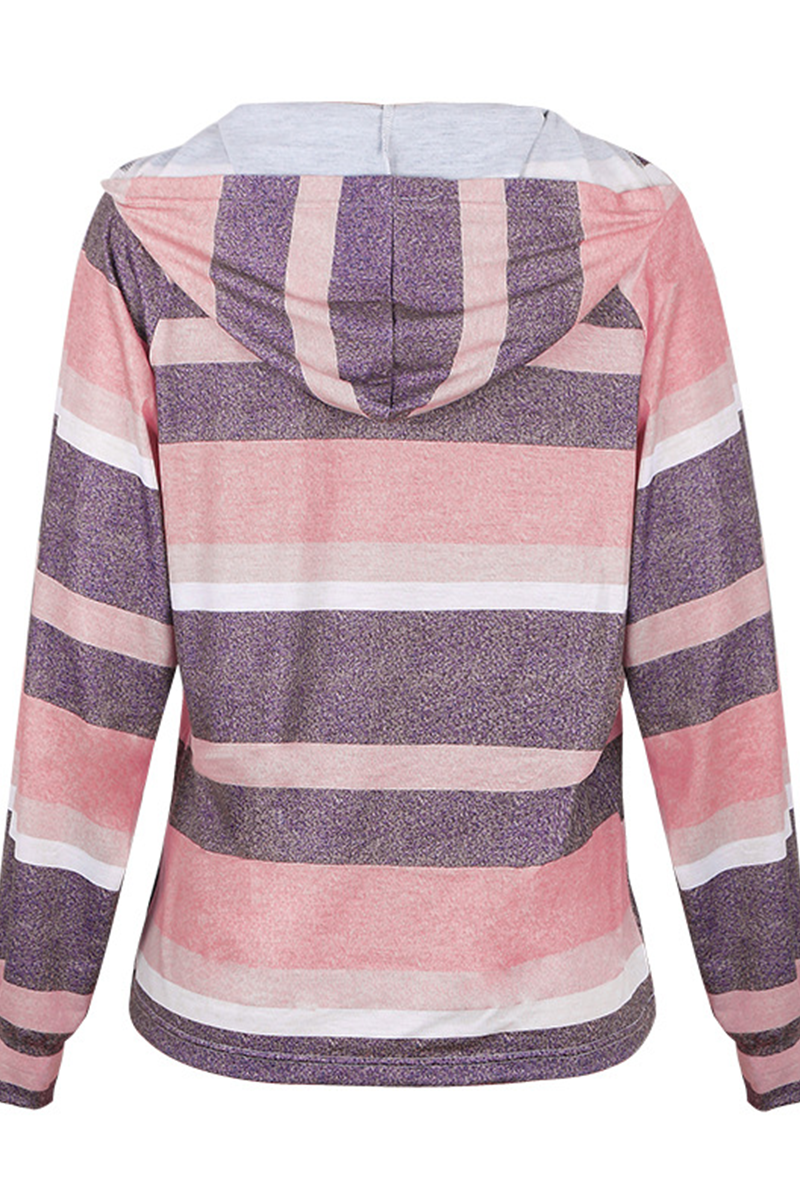 Casual Striped Draw String Hooded Collar Tops