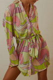 Vestidos casuais estampados patchwork com gola aberta (3 cores)