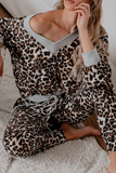 Fashion Leopard Patchwork One Shoulder Long Sleeve Two Pieces