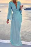 Modisches, elegantes, solides Patchwork-Falten-Abendkleid mit V-Ausschnitt (2 Farben)