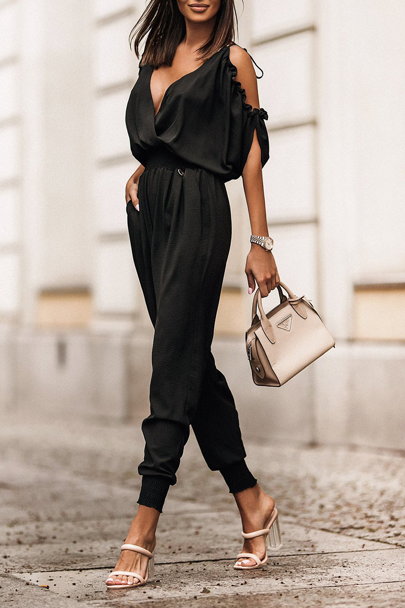 Casual Solid Patchwork V Neck Harlan Jumpsuits