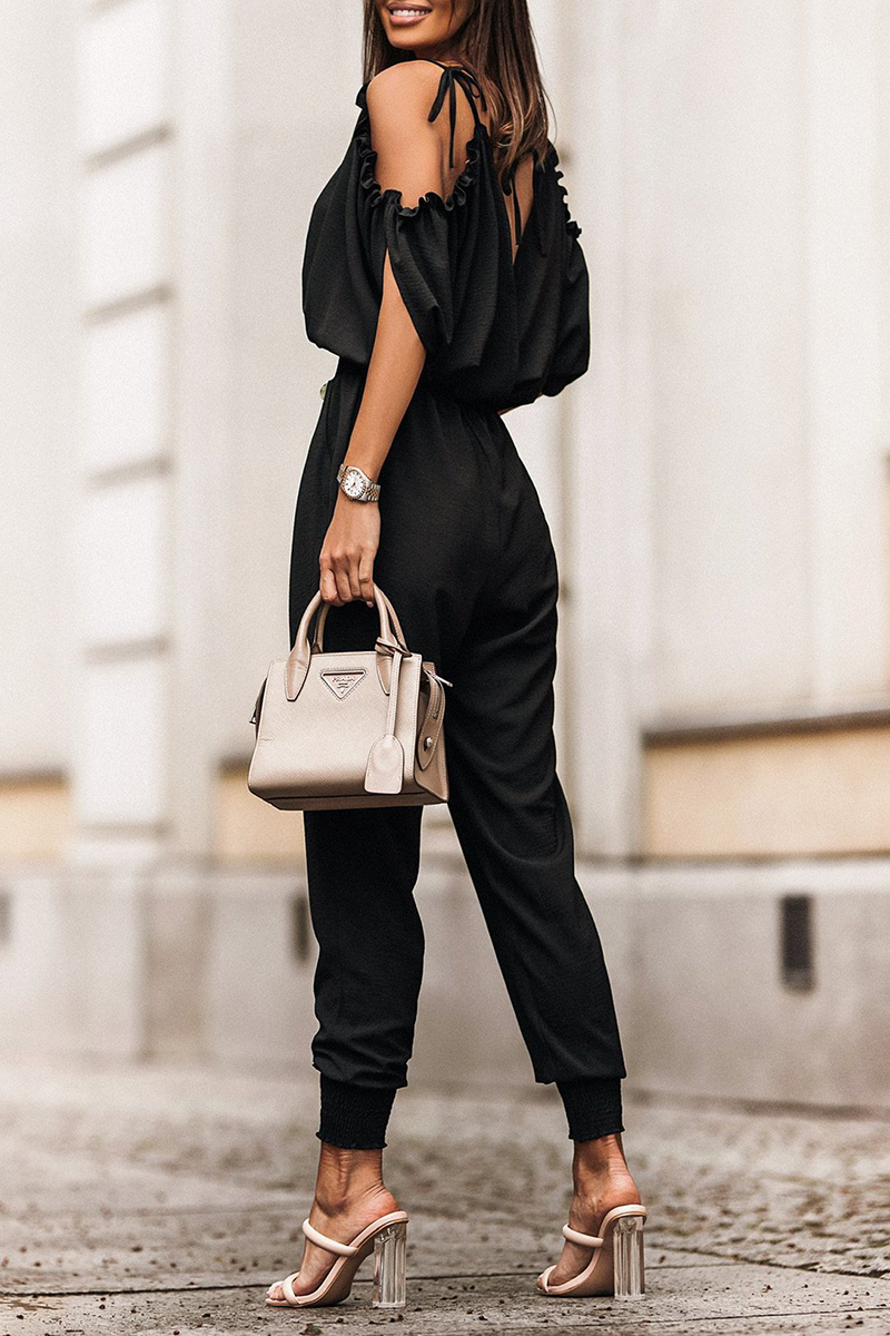 Casual Solid Patchwork V Neck Harlan Jumpsuits