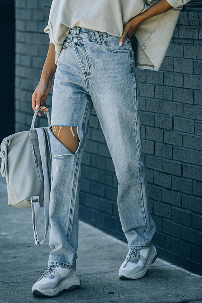 Casual Solid Ripped Straight Denim Jeans