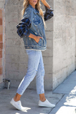 Lässige, solide Patchwork-Jeansjacke mit Umlegekragen, langen Ärmeln und geradem Schnitt