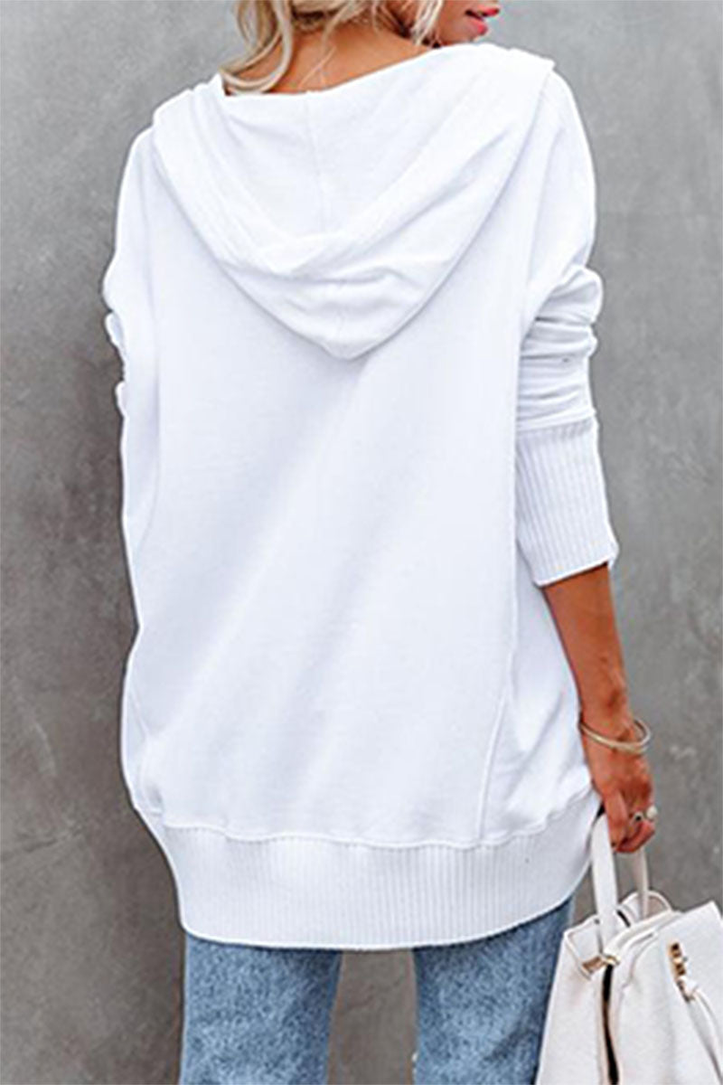 Casual Solid Pocket Buckle Hooded Collar Tops