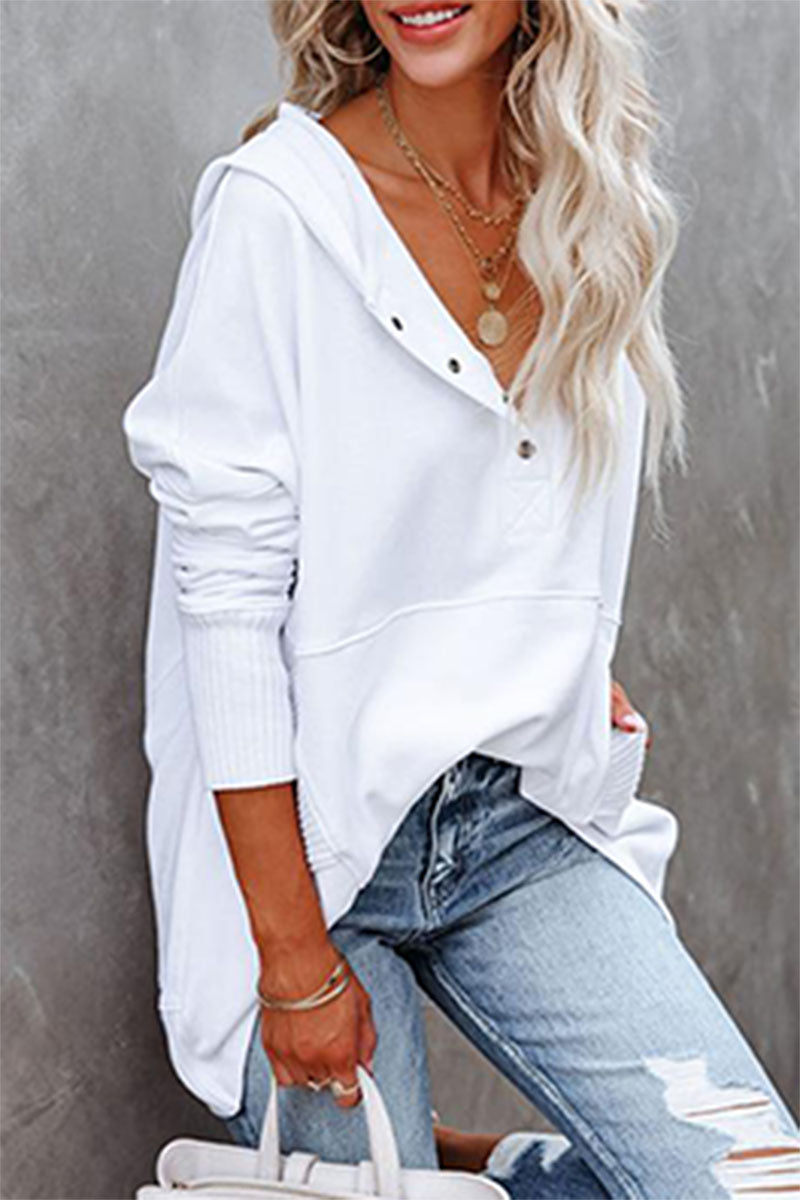 Casual Solid Pocket Buckle Hooded Collar Tops